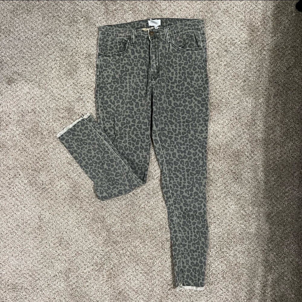Olive leopard print fringe cuff jeans